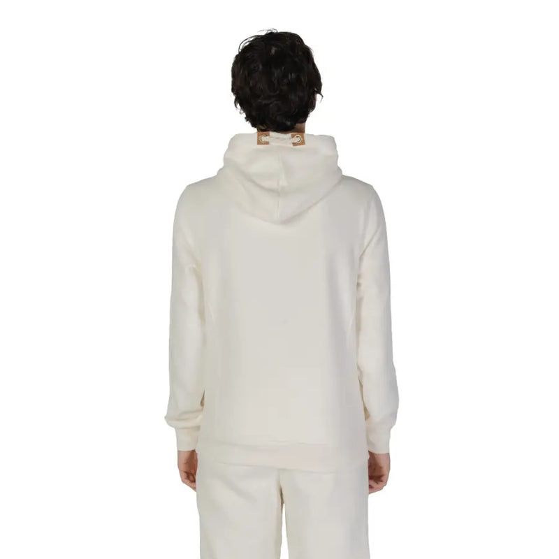 Hydra Clothing Herren-Hoodie, weiß, aus Baumwoll-Polyester-Mischgewebe, cremefarben mit strukturierter Oberfläche und hellbraunen Lederapplikationen am Halsausschnitt