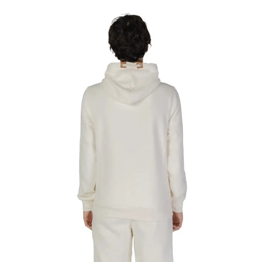 Hydra Clothing Herren-Hoodie, weiß, aus Baumwoll-Polyester-Mischgewebe, cremefarben mit strukturierter Oberfläche und hellbraunen Lederapplikationen am Halsausschnitt