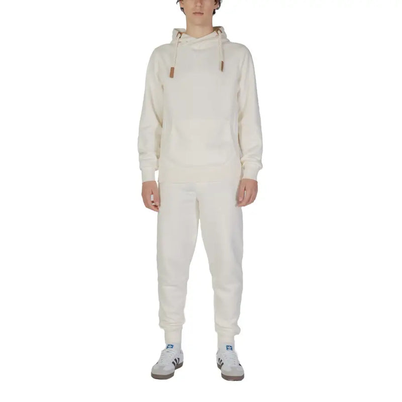 Hydra Herren-Hoodie aus cremefarbenem Baumwoll-Polyester-Gemisch mit Kapuze, Kordelzug, Vordertasche und passender Jogginghose.