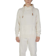 Hydra Clothing Herren-Hoodie, weiß, aus Baumwoll-Polyester-Mischgewebe, cremefarben, mit weichem, strukturiertem Stoff und hellbraunen Lederkordeln.