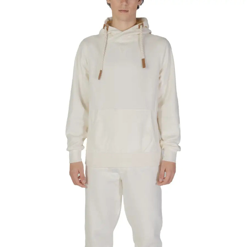 Hydra Clothing Herren-Hoodie, weiß, aus Baumwoll-Polyester-Mischgewebe, cremefarben, mit weichem, strukturiertem Stoff und hellbraunen Lederkordeln.