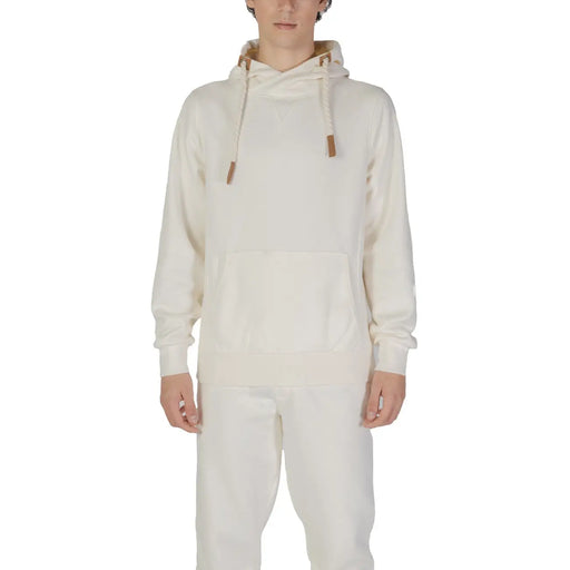 Hydra Clothing men hoodie white cotton polyester blend cream colored with soft textured fabric and tan leather drawstrings