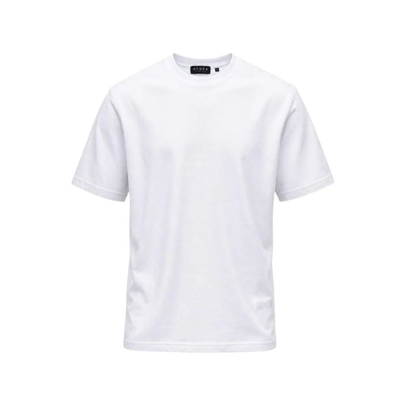 Weißes Hydra Herren-Baumwoll-T-Shirt mit Rundhalsausschnitt, kurzen Ärmeln, minimalistischem Design und dezentem Markenetikett am Halsausschnitt