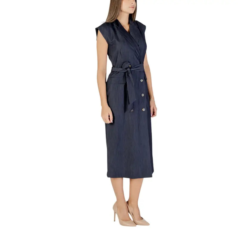 Navy blue sleeveless v neck midi dress by Ichi with double-breasted front belt and subtle vertical pinstripes for fall winter