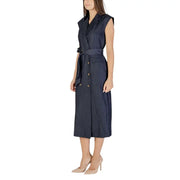 Women’s dark blue sleeveless midi trench dress with belt and double-breasted buttons