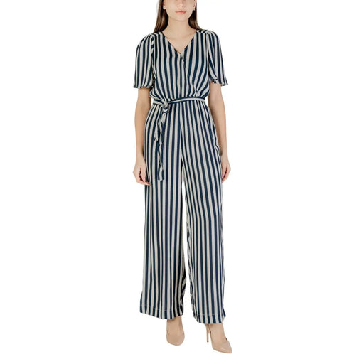 Ichi women beige leopard short sleeve viscose jumpsuit, navy white stripes