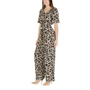 Ichi Beigefarbener Leoparden-Jumpsuit aus Viskose mit kurzen Ärmeln für Damen