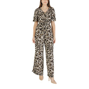 Ichi women beige leopard short sleeve viscose jumpsuit with v-neckline and self-tie waist
