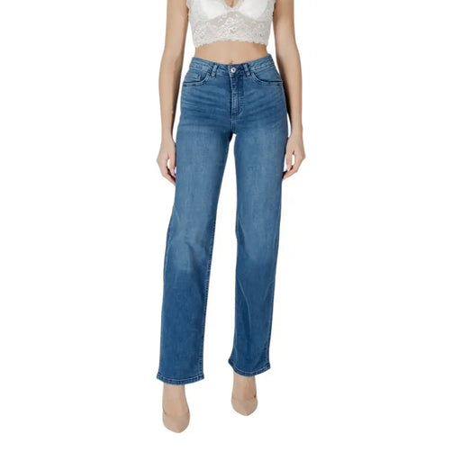 Ichi Schwarze Damen-Stretchjeans aus Baumwolle, hochgeschnitten, gerader Beinschnitt aus blauem Denim
