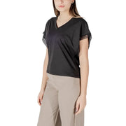 Ichi women black cotton v neck short sleeve blouse with delicate lace trim on the sleeves