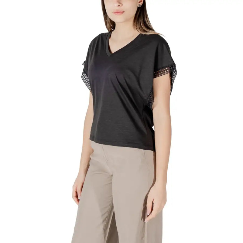 Ichi women black cotton v neck short sleeve blouse with delicate lace trim on the sleeves