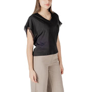 Ichi women black cotton v neck blouse with sheer lace trimmed short sleeves for elegant casual wear