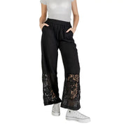 Ichi women black wide-leg cotton viscose trousers with ribbed fabric and lace detailing at the cuffs