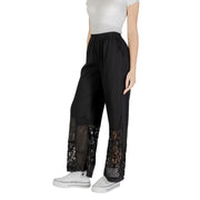 Ichi women black cotton viscose trousers with wide-leg fit and sheer lace panels at the lower legs