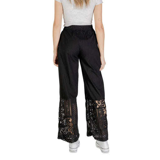 Ichi Women black cotton viscose trousers with subtle pinstripe and lace detailing on the lower legs