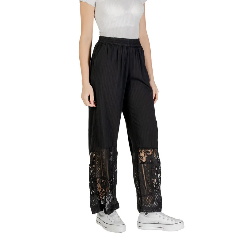 Ichi women black cotton viscose wide-leg trousers with sheer lace panels at the ankles