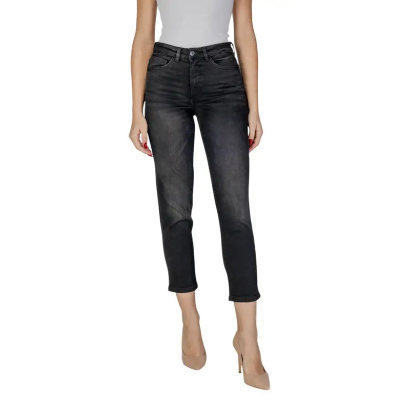 Ichi Schwarze, hochgeschnittene, schmal geschnittene Cropped-Jeans aus Denim für Damen mit Waschung