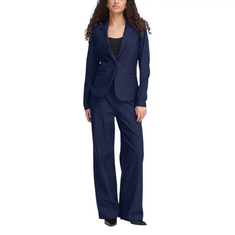Navy blue cotton blend tailored blazer and wide-leg trousers suit from Ichi Women with button front closure