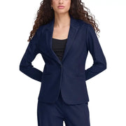 Navy blue tailored Ichi women cotton blend blazer with single button closure and flap pockets for formal wear