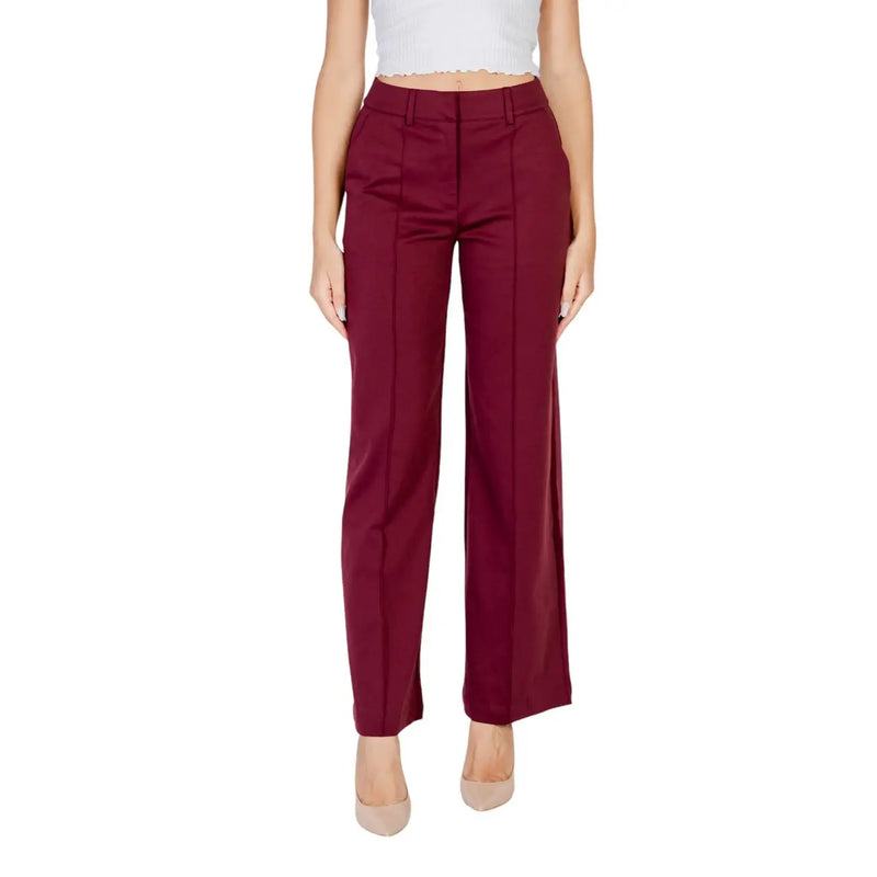 Ich Damen-Bordeauxhose aus burgunderrotem Polyester-Viskose-Gemisch mit hohem Bund, weitem Bein, taillierter Passform und Bundfalten vorne