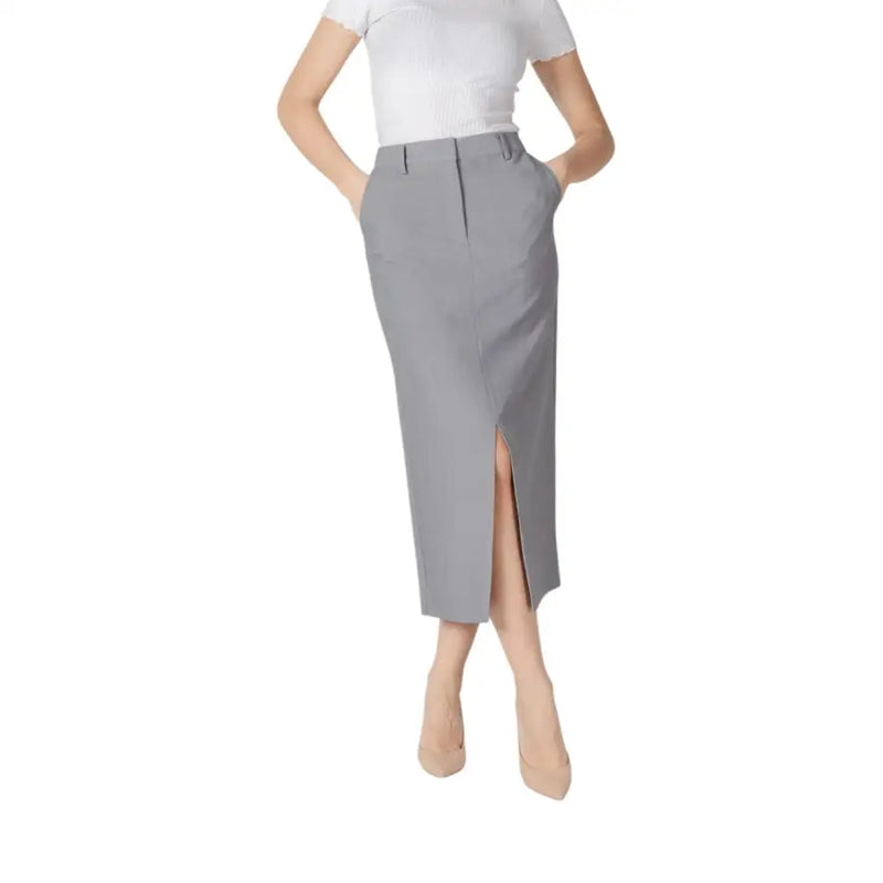 Ichi women grey mid-calf pencil skirt with pockets tailored fit and front slit for spring summer wear