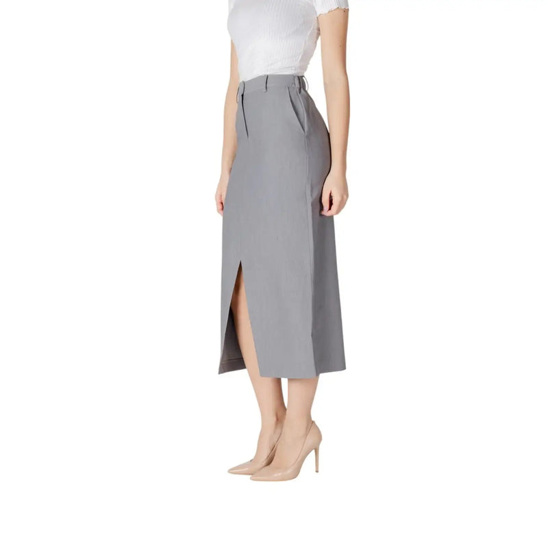 Ichi women grey spring summer skirt featuring a sleek mid-calf pencil design with side slit and front pockets