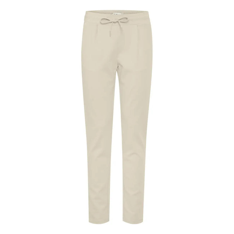 Ichi Beige Damenhose mit Spitzeneinsätzen vorne, schmal zulaufendem Schnitt und dezenten Bundfalten.