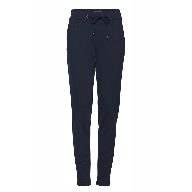 Dunkelblaue, schmal geschnittene Jogginghose mit Kordelzugbund und Vordertaschen von ichi Damenhose beige Spitze 20105036