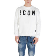 Men’s white crewneck sweatshirt with ICON print paired with distressed blue jeans
