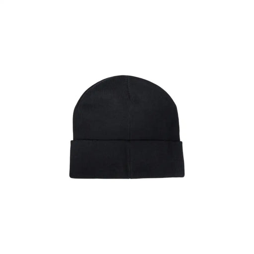 Black beanie hat with fold-over cuff, made of soft knit material.