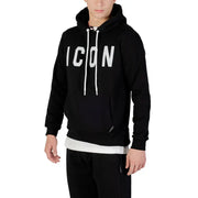 Schwarzer Herren-Kapuzenpullover aus Baumwollmischgewebe mit auffälligem weißen icon Muster und dazu passende weiße Kordelzüge über der Brust