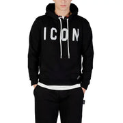 Icon Herren-Kapuzenpullover aus schwarzem Baumwollmischgewebe mit auffälligem weißen icon Schriftzug und passende Kordelzüge auf der Brust