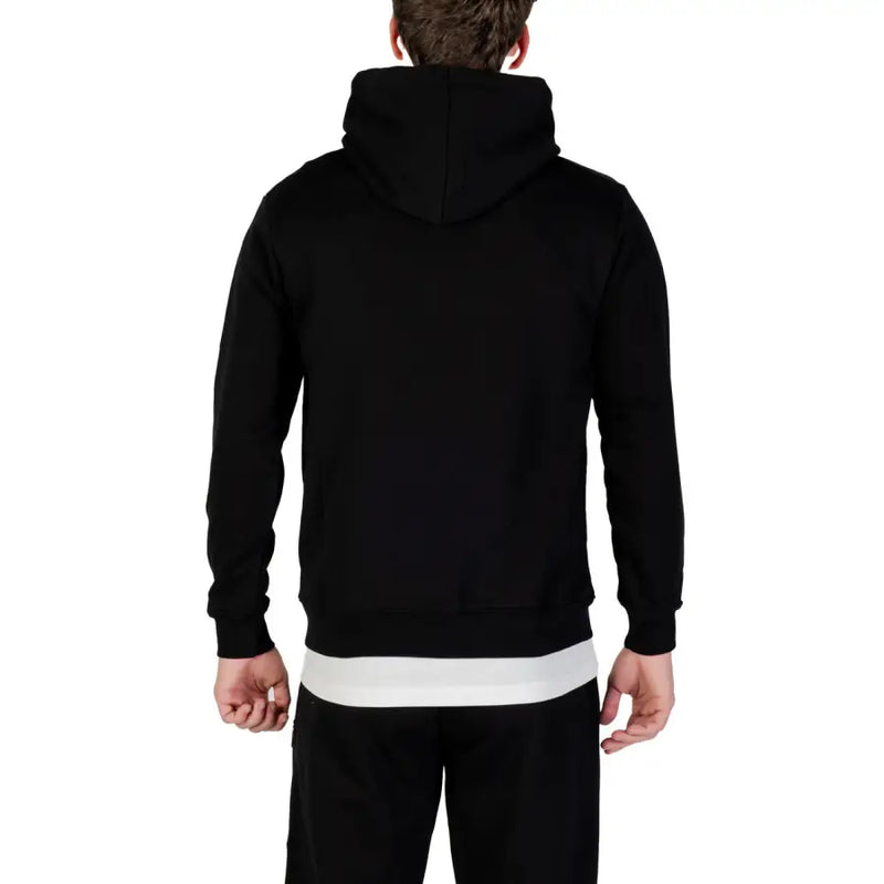 Icon Schwarzer Herren-Kapuzenpullover aus Baumwollmischgewebe mit weißem Querstreifen am Bund, von hinten gesehen