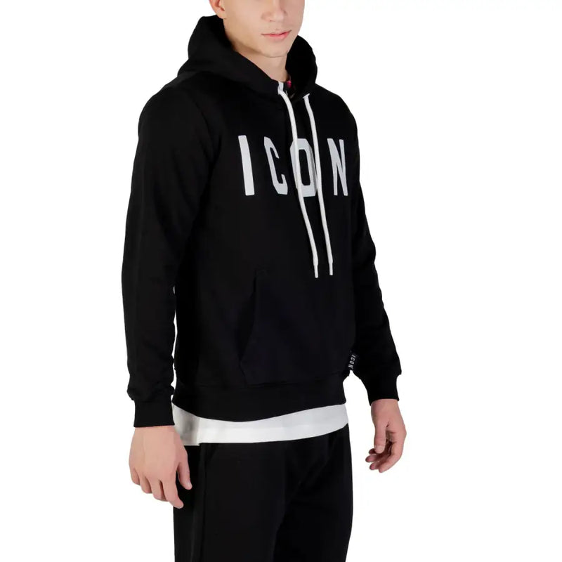 Schwarzer Kapuzenpullover aus Baumwollmischgewebe mit weißen icon Beschriftung und passende Kordelzüge für Herren