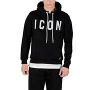 Icon Herren-Kapuzenpullover aus schwarzem Baumwollmischgewebe mit auffälligem weißen icon Aufdruck, kontrastierende weiße Kordelzüge und Markenetikett