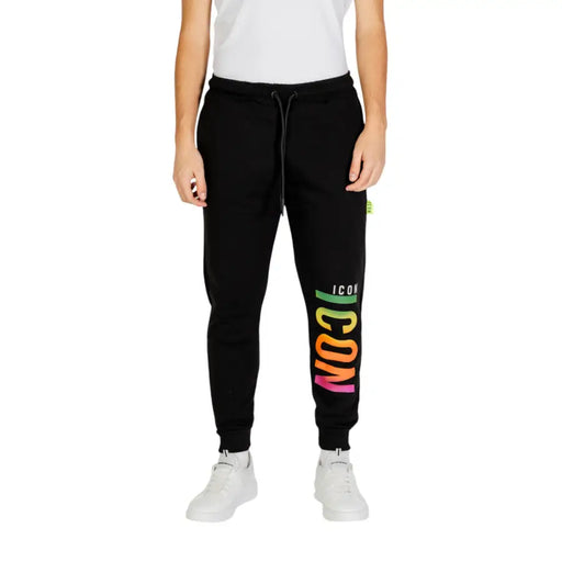 Black sweatpants with colorful ICON graphic on right leg for Men Fall Winter collection