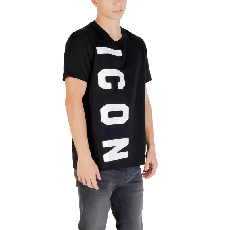 Icon men black short sleeve round neck t-shirt with bold white vertical icon lettering for fall winter wear