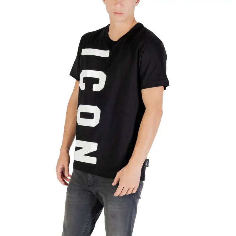 Black short sleeve round neck t-shirt with bold white vertical icon lettering for fall winter wear