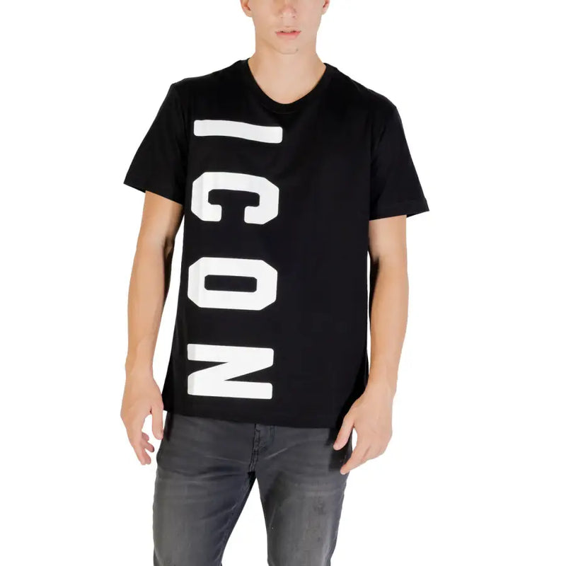 Icon men black short sleeve round neck t shirt with bold white vertical icon lettering for fall winter wear