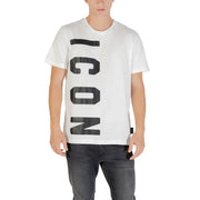 Men’s white crew-neck T-shirt with vertical black ICON print front view