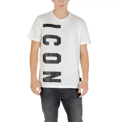 Weißer Herren-Rundhalspullover T-shirt mit vertikalem Schwarz ICON Vorderansicht des Drucks