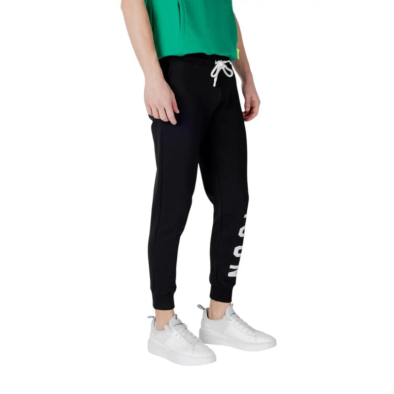 Icon men black striped cotton blend casual jogger pants with white drawstring and vertical lettering on the side