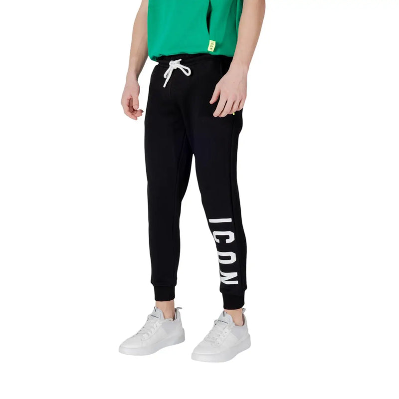 Icon men black striped cotton blend casual trousers featuring white drawstring and vertical icon lettering down side