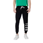 Icon men black striped cotton blend casual trousers featuring black jogger pants with white drawstring and vertical icon lettering