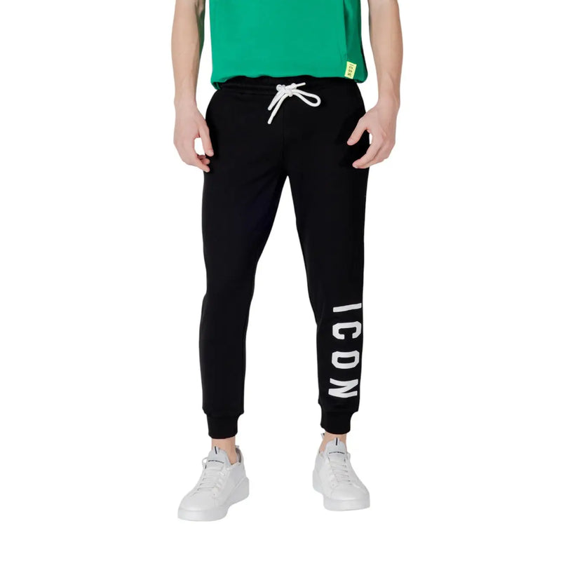 Icon men black striped cotton blend casual trousers featuring black jogger pants with white drawstring and vertical icon lettering