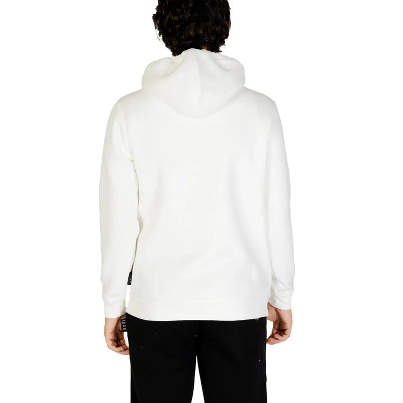 Icon Weißer Herren-Kapuzenpullover aus Baumwollmischgewebe mit weichem, glattem Stoff und dezenten schwarzen Markenetiketten an den Bündchen.