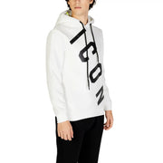 Icon Weißer Herren-Kapuzenpullover aus Baumwollmischgewebe mit auffälliger schwarzer vertikaler Schrift und neongrünem Innenfutter