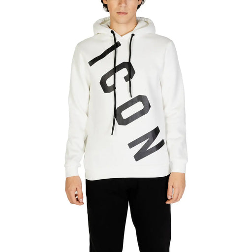Icon Weißer Herren-Kapuzenpullover aus Baumwollmischgewebe mit auffälligem, diagonalem schwarzen Schriftzug auf der Vorderseite