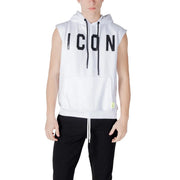 Weißer, ärmelloser Baumwoll-Hoodie für Herren mit kräftigem schwarzen Aufdruck icon Beschriftung und passende Kordeln
