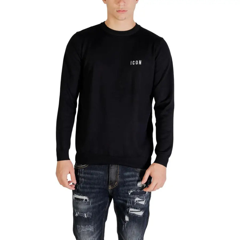 Schwarzes Langarm-Sweatshirt mit dezenten weißen Details icon Logo aus Viskose-Mischgewebe-Strickwaren für Herren
